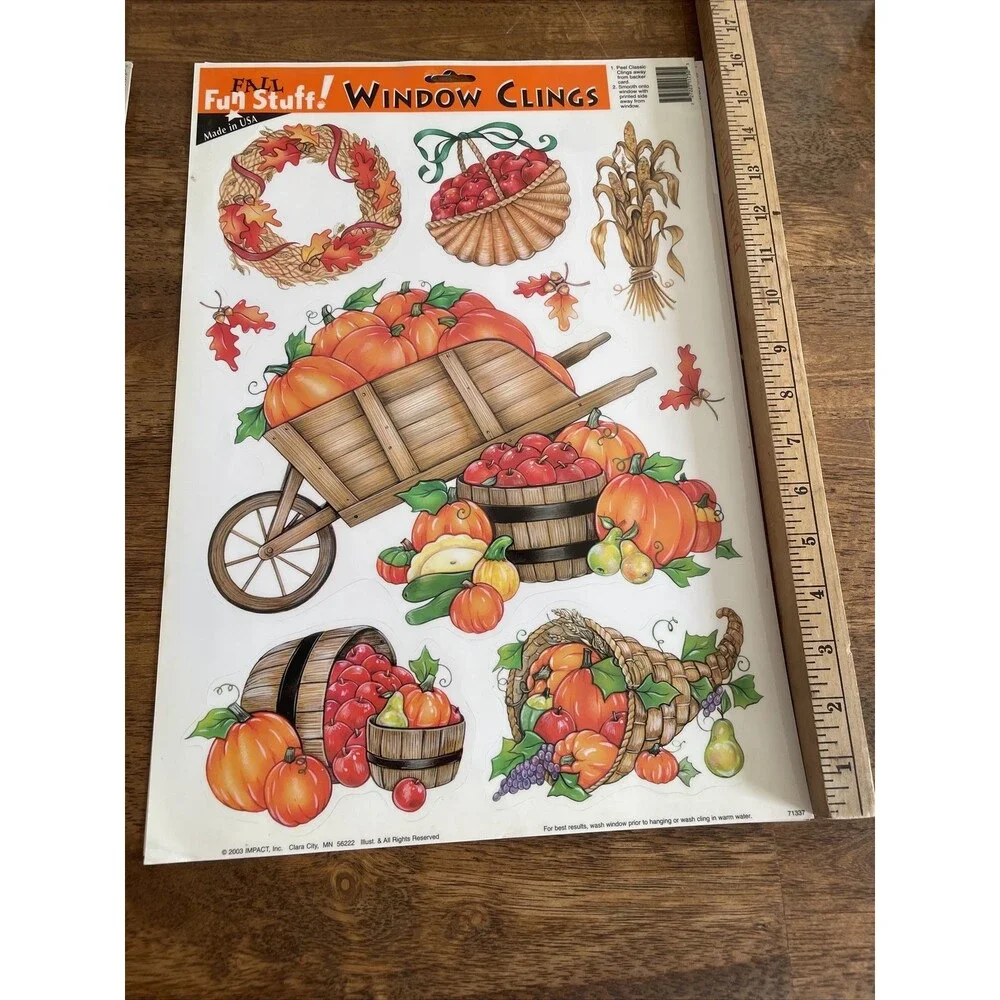 5 Vintage Vinyl Window Clings Thanksgiving And Fall Themed Pumpkins Turkey